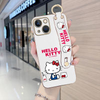 เคสสำหรับ Apple โทรศัพท์ iPhone 15 Plus 15 Pro Max พร้อมสายรัดข้อมือเคสขอบสี่เหลี่ยมนิ่มลายการ์ตูนน่ารัก Kity แมวชุบเคสโทรศัพท์หรูหราชุบเคสโทรศัพท์นิ่ม