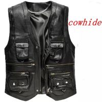 Leather vest men first layer cowhide waistcoat middle-aged elderly outdoor fishing Jacket autumn multi-pocket photography Coats