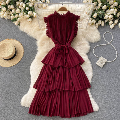 Chic French Ladies Heavy Industry Pleated Wooden Ear Neck Tie Slim Comfortable Ruffled Chiffon Cake Skirt Dress 2021 New