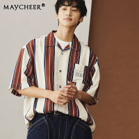 MAYCHEER เสื้อลายทางแขนสั้นของผู้ชายเสื้อเชิ้ตวินเทจลำลองลายทางฮาวาย,เสื้ออเมริกันแฟชั่นใหม่ฤดูร้อน