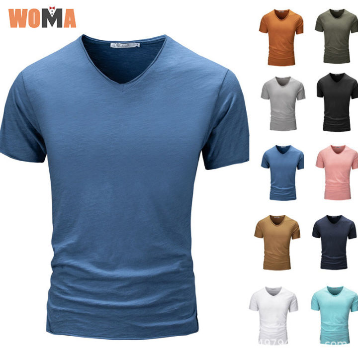 woma-เสื้อผ้าฝ้ายคอตตอนสีทึบแขนสั้นสำหรับผู้ชาย-เสื้อยืดคอวีขายดีใส่สบาย