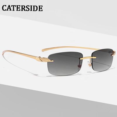 CATERSIDE Fashion Vintage Rimless Square Sunglasses Men Luxury Brand Designer Popular Travel Driving Metal Small Sun Glasses