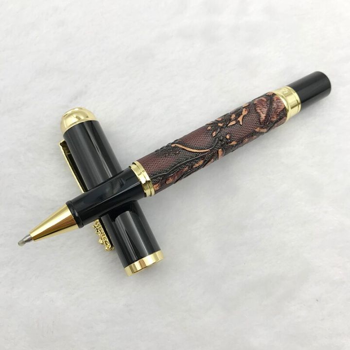 jinhao-dragon-rollerball-pen-gift-high-end-gold-dragon-clip-black-ink-refill-0-7mm-red-brown-emboss-ballpoint-pens-with-cap-1pc-pens