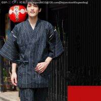 TOP☆selling 2PCs Set Samurai Men Japanese Kimono Set Striped Solid Color V-neck Jinbei Sleepwear Spa Sauna Bath Wear Sleepwear Paj