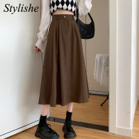 Elegant Midi Skirt Women 2022 Spring A Line High Waist Long Skirt Black Autumn Korean Style Apricot Coffee Girl Pleated Skirts