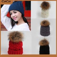 CUCU Women Winter Ski Crochet Cap Pom Bobble Raccoon Fur Beanie Wool Knit Hat