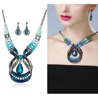 hang qiao shop Blue Jewelry Sets Purple Enamel Jewelry statement Necklace And Waterdrop Earring Set Crystal Jewelry Set