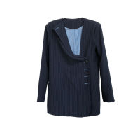 [EAM] Women Blue Striped Irregular Blazer New Lapel Long Sleeve Loose Fit Jacket Fashion Tide Spring Autumn 2021 1DE0918