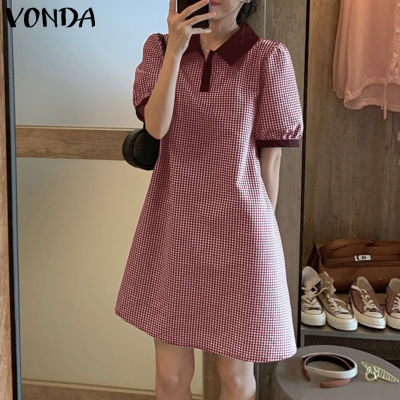 top●VONDA Women Casual Loose Printed Mini Dresses Fashion Puff Sleeve Pleating A-Line Dress (Korean Floral)