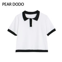 PEAR DODO เสื้อโปโลแบบสั้นสำหรับผู้หญิง,เสื้อถักสไตล์มหาลัยสั้นปิดสีแบบเกาหลี