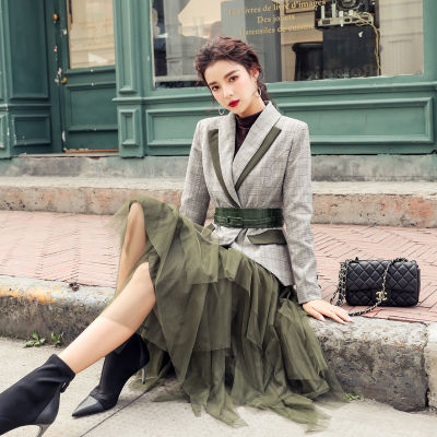 2020 Spring Women Grey Plaid Notched Blazer Check Office Sashes Jacket+Elastic Waist Army Green Mesh Skirt Set 2-Pieces Outfits