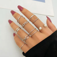 CIFbuy 9/10pcs Bohemia Punk Pearl Ring Set Women Geometric Wavy Pearl Open Metal Ring Jewelry Gifts Zircon Metal Ring Jewelry Gifts