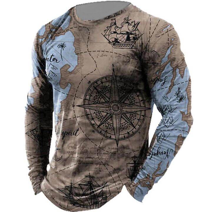 เสื้อยืดพิมพ์แผนที่วินเทจสำหรับผ้าฝ้ายแขนยาวพิมพ์ลายประทับสำหรับผู้ชายเสื้อยืดสำหรับฤดูใบไม้ผลิคอกลมเสื้อลำลองทุกวันเสื้อยืดทรงโอเวอร์ไซส์ขนาดยุโรป