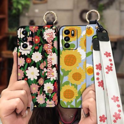 Wrist Strap Soft Phone Case For OPPO A16/A16s/A54s Durable Shockproof Original Lanyard Anti-dust sunflower Back Cover