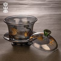 Gaiwan Tureen ชุดชาผู่เอ๋อร์ชาวทิเบต,ฝาปิดถ้วยแก้วยิงทองและเงินสีเทาทนความร้อนได้ Sancai กังฟู