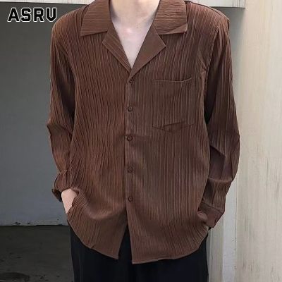 ASRV เสื้อเชิ้ตชาย เสื้อเชิ้ตผู้ชาย เสื้อเชิ้ตลำลองชาย shirts for men เชิ้ตผู้ชาย เสื้อสีทึบคอปกคิวบาเด็กชาย,เสื้อแขนยาวจับจีบหลวมชุดลำลองย้อนยุค