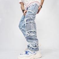 【YD】 2023 Men Streetwear Loose Ripped straight slim fit Jeans Trousers Hip hop Male Holes Denim Pants