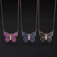 New S925 Sterling Silver With Full Of Diamonds Coloured Butterfly Necklace Pendant Female Collarbone Chain Ins Minimalist Models