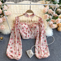 2021Sweet Women Pullover Shirt Thin Chiffon Off-Shoulder Long Puff Sleeve Short Crop Top Women Printed Chest Pad Bow Tie Slim Blouse