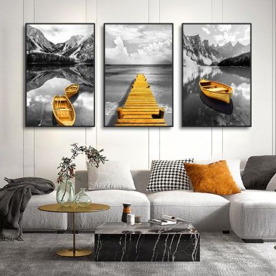โมเดิร์นสีดำสีขาว Landscape Wall Art ภาพวาดผ้าใบทองไม้ Plank แผนที่ Canoe Lake พิมพ์โปสเตอร์รูปภาพสำหรับตกแต่งบ้าน