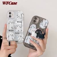 WFCase เคสสำหรับ iPhone 14 13 12 11 Pro Max Plus Mini 7 X XS XR XS MAX เคสโทรศัพท์เบาะการ์ตูนรูปสุนัขน่ารักพิมพ์ลาย (+ ตัวยึด) ฝาครอบเคสป้องกันกล้องแบบเต็ม