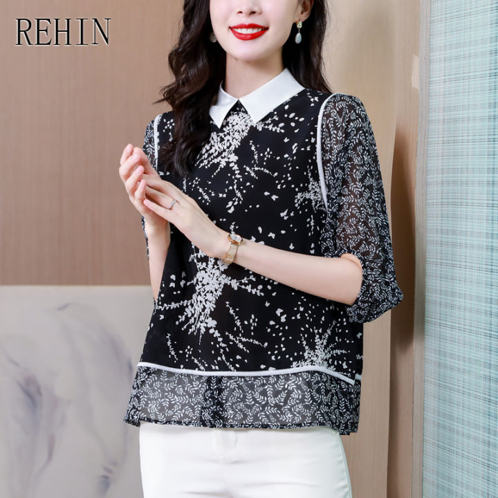 rehin-ผู้หญิงผ้าไหมแขนสั้นเสื้อ-lapel-ดอกไม้พิมพ์หลวมโคมไฟแขนเสื้อตุ๊กตาผ้าไหมหม่อน-elegant-เสื้อ