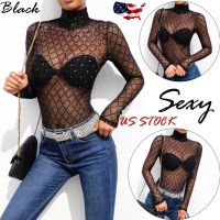 （A So Cute） ₪☑✁☞✿☜ชุดเดรสรัดรูปซีทรูสตรีเซ็กซี่ Playsuit Bodycon ลูกไม้แวววาว Jumpsuit Romper Fishnet