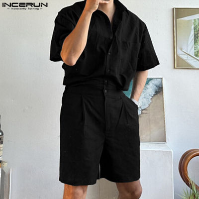 INCERUN เสื้อผ้าฝ้ายคอปกแขนสั้นสำหรับผู้ชาย2ชิ้นสำหรับวันหยุด + กางเกงขาสั้นสูทชุดหลากหลายธรรมดา (สไตล์เกาหลี)