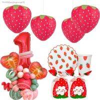 ❃ 1set Strawberry Disposable Tableware With Strawberry Balloon Tower Paper for Kids Summer Fruit Birthday Party Decoration Supply