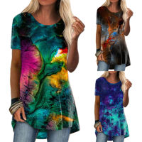 Women Short Sleeves T-shirt Retro Space Cloud Tie-dye Printing Blouse Elegant Loose Casual Large Size Tops