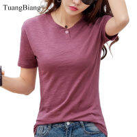 TuangBiang Summer 2022 Button V-Neck Short Sleeve Women Bamboo Cotton T-Shirt White Solid Color All-Match Blue Slim Fashion Tops