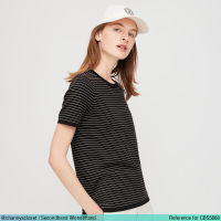 USED Uniqlo x Ines de la Fressange - Ribbed Black Striped T-Shirt | เสื้อยืดสีดำ สีขาว เสื้อผ้าร่อง แขนสั้น ลายทาง คอกลม สายฝอ แท้ มือสอง