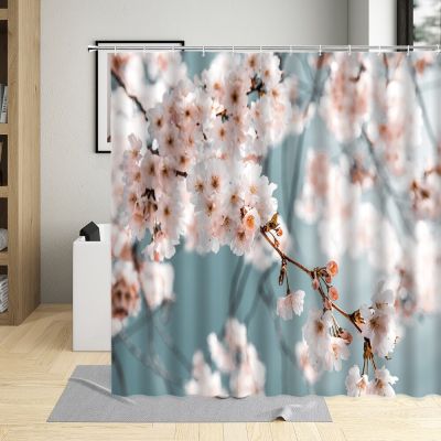 Spring Cherry Blossoming Pink Flowers Shower Curtain Blue Wooden Grain Background Home Decor Waterproof Fabric Bathtub Curtains