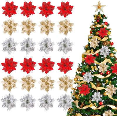 MZD【Merry Christmas 】5ชิ้น/เซ็ตประดิษฐ์ดอกไม้คริสต์มาส Glitter ดอกไม้ปลอม Merry Christmas Tree ตกแต่งบ้าน DIY Xmas ของขวัญเครื่องประดับ
