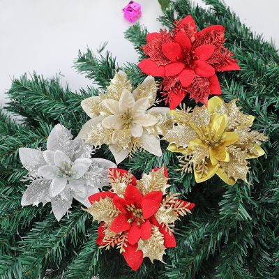 Glitter Christmas Flower Artificial Flowers Merry Christmas Decorations Xmas Tree Ornaments New Year Gift