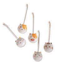 Creative Ceramic Hand-painted Soup Spoon Cartoon Cute Cat Bear Spoon Cats Tail Handle For Kids Porcelain Rice Dessert Spoon Serving Utensils