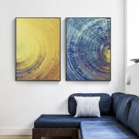 Ultra Modern Abstract Wall Art วงกลมสีฟ้าและสีเหลืองรูปแบบภาพวาดผ้าใบโปสเตอร์และภาพพิมพ์สำหรับตกแต่งห้องนั่งเล่น