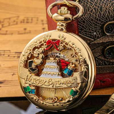 【CW】♤✹  Luxury Gold Hollow Watches Happy Birthday Pattern Pendant Hand-Winding Mechanical Roman Number