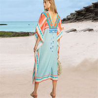 V คอพิมพ์ Kaftan Saida De Praia Pareo Beach ผ้าถุงรัดเอวชุดว่ายน้ำ Cover Up เสื้อคลุมขนาดใหญ่พิเศษ De Plage ชุดเดรสว่ายน้ำ