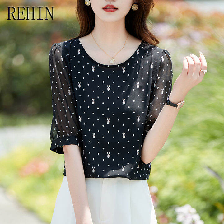 เสื้อแขนสั้นลายจุดสัตว์-rehin-ใหม่ฤดูร้อนเสื้อสตรีชีฟองแขนพองหลวม