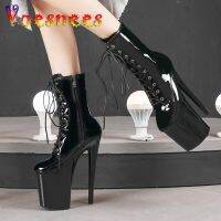 ◊☸ Modern Women Boots Mid Calf Sexy Hate Day High 17 20CM Round Toe Pole Dance Shoes Nightclub Zipper Lace up Black Roman Boots