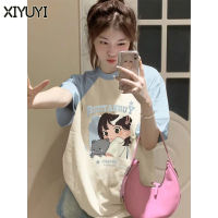 XIYUYI เสื้อยืดผู้หญิงผ้าฝ้ายบริสุทธิ์หนัก220กรัมเสื้อเย็บสีตัดกันเสื้อยืดแขนสั้นส่วนบุคคลตามกระแสแห่งชาติเข้ากับทุกชุด