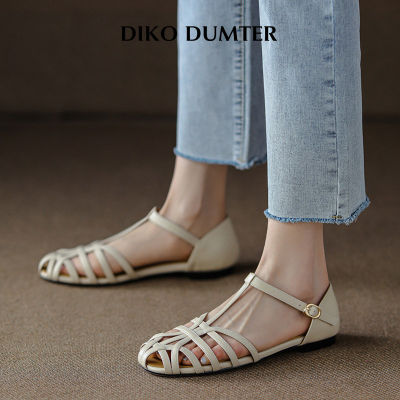 DikoDumter รองเท้าแตะส้นเตี้ยสุภาพสตรีวินเทจผู้หญิงหัวกลมกลวงฤดูร้อนรองเท้ามีสายรัด