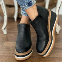 Women Wedges Shoes Platform Pumps Lady Casual PU Leather Solid Color Ankle Boots Zipper High Quality Outdoor Female Boots 2022