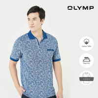 OLYMP LUXOR Casual Polo เสื้อโปโล สีน้ำเงิน พิมพ์ลายใบไม้ ทรงหลวม ใส่สบาย