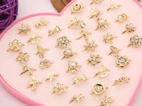 36pcs/lot Hollow Out Flower Shaped Inlaid White Crystal Pearl Gold Silver Color Alloy Ring for Children Adjustable Finger Ring