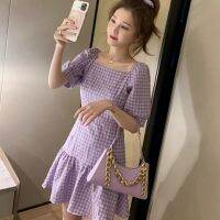 Cherrys【COD】Square Collar Plaid Purple Dress Female French RDress Midi Dress