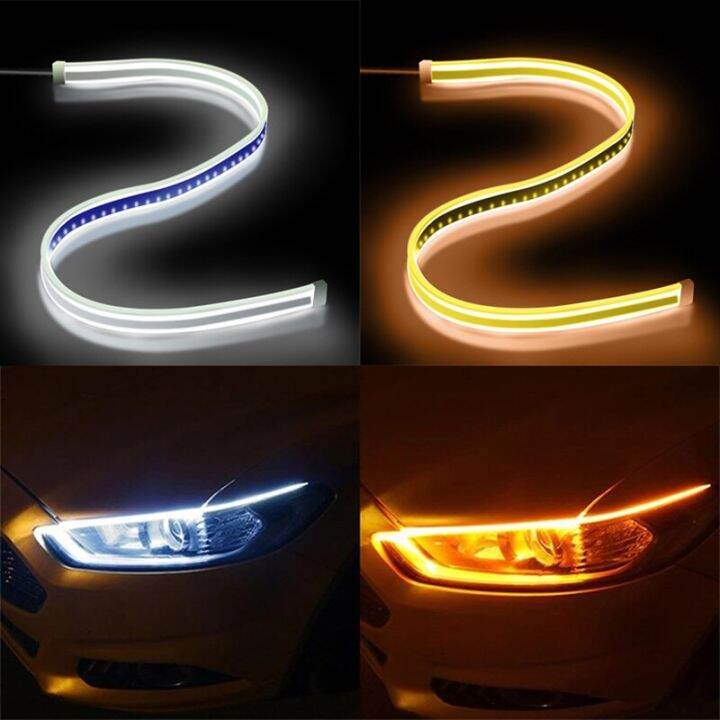 2ชิ้นไฟ-led-lampu-jalan-drl-ไฟเดย์ไลท์แบบยืดหยุ่น30ซม-สีขาวไฟหน้ารถยนต์ตัวบ่งชี้ทิศทางไฟเบรกสีเหลืองกันน้ำ