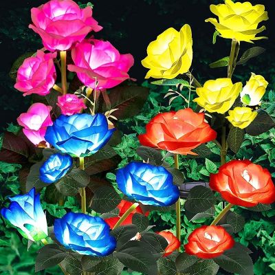 (JIE YUAN)3 5หัวดอกกุหลาบจำลองไฟ LED พลังงานแสงอาทิตย์กลางแจ้งกันน้ำภูมิทัศน์โคมไฟสนามหญ้าสำหรับสวนตกแต่งบ้านดอกกุหลาบแสง