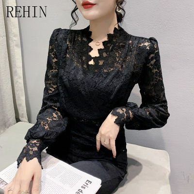 REHIN เสื้อลูกไม้คอวีผู้หญิง,2023เข้ารูปพอดียืดเสื้อสตรีแฟชั่นเสื้อซับในแขนยาวฤดูใบไม้ร่วง